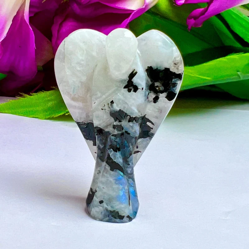 50 MM Rainbow MoonStone Free Standing 2" Guardian Angel crystal Reiki Energy blessed Hand carved Pocket Angel Angelic connection