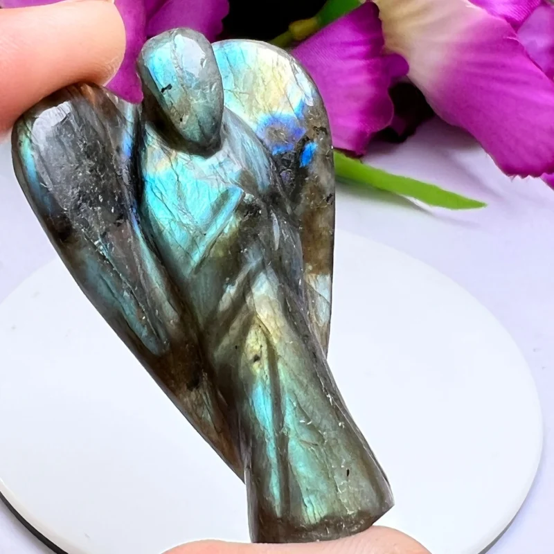 Rainbow Labradorite Stone 2 inch free standing guardian angel crystal Reiki energy blessed handcarved Pocket Angel Angelic connection - Image 10