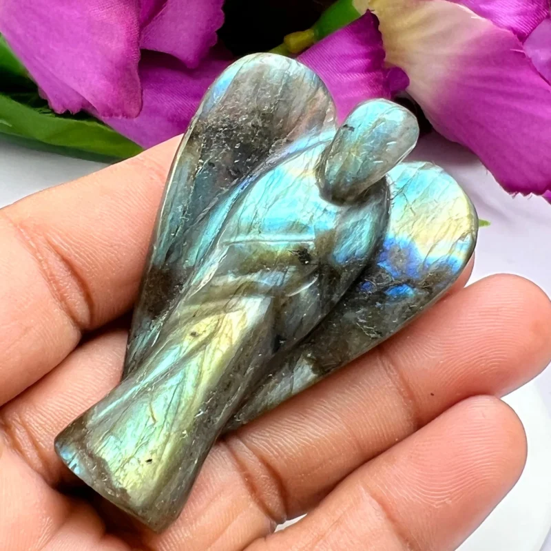 Rainbow Labradorite Stone 2 inch free standing guardian angel crystal Reiki energy blessed handcarved Pocket Angel Angelic connection