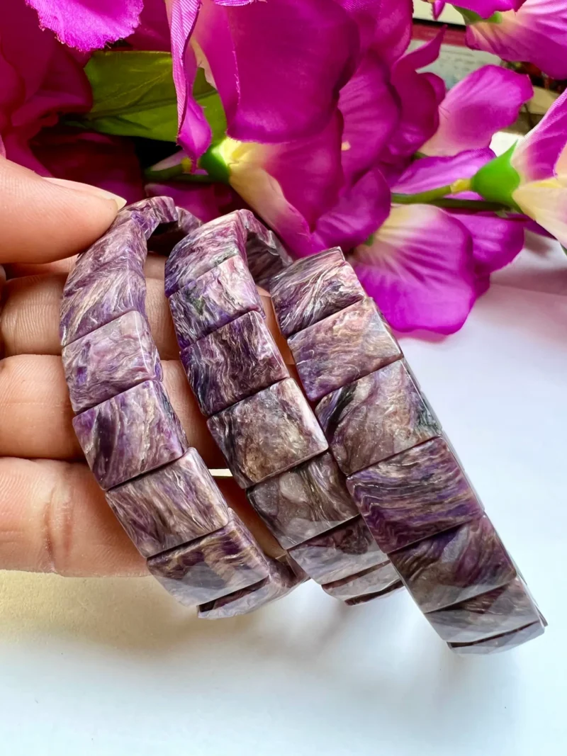 Charoite Stone Rectangle Beaded Bracelet 15 MM Stretch Bracelet - Image 5