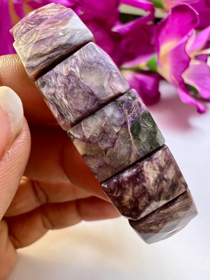 Charoite Stone Rectangle Beaded Bracelet 15 MM Stretch Bracelet - Image 6