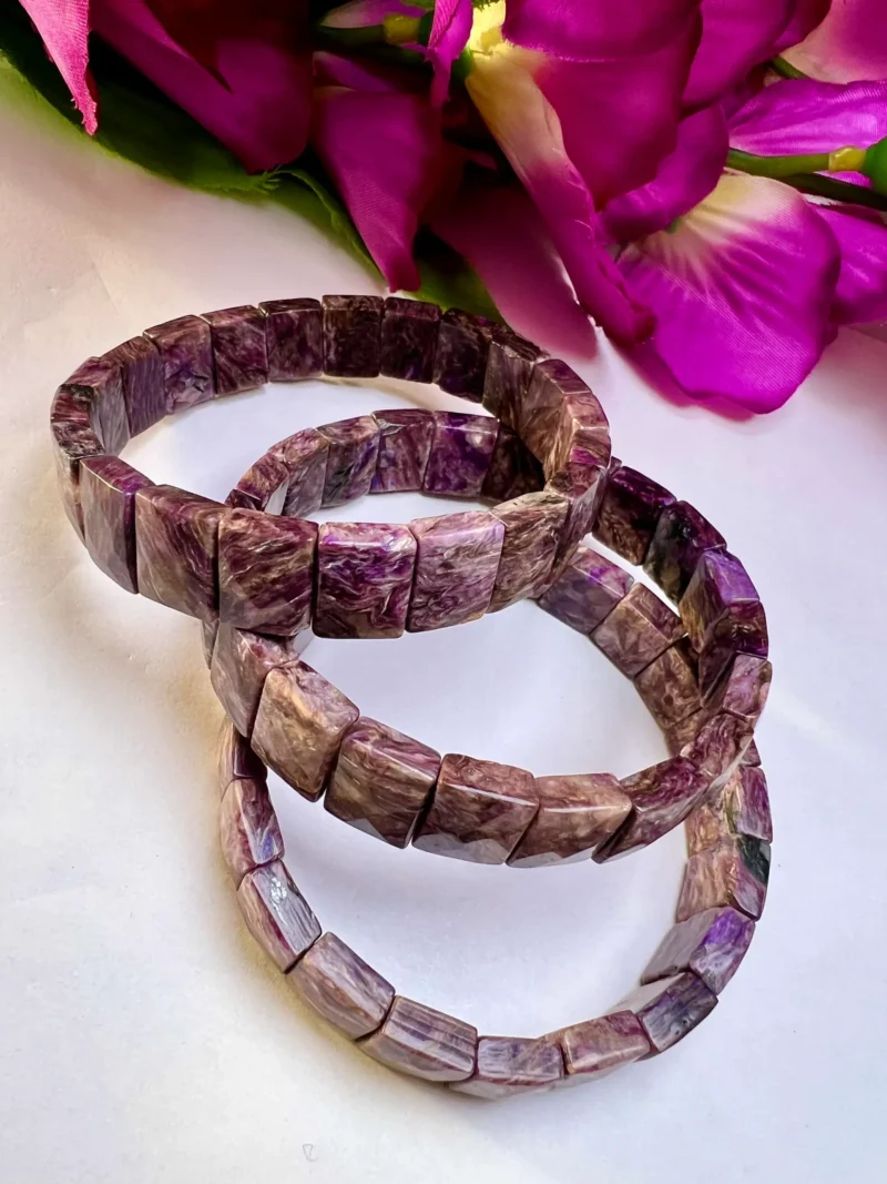 Charoite Stone Rectangle Beaded Bracelet 15 MM Stretch Bracelet - Image 7