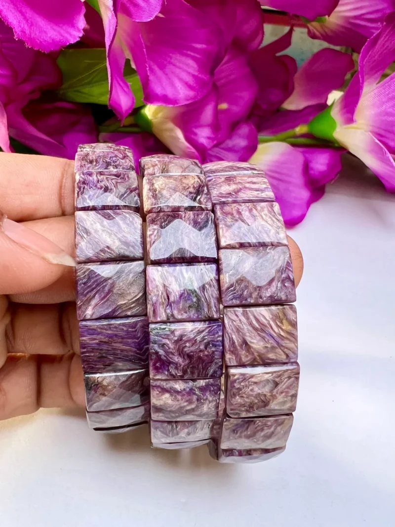 Charoite Stone Rectangle Beaded Bracelet 15 MM Stretch Bracelet - Image 8