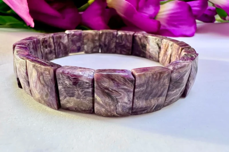 Charoite Stone Rectangle Beaded Bracelet 15 MM Stretch Bracelet