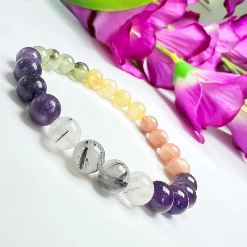LIBRA Zodiac Sign Crystal Stone Bracelet 8 mm Amethyst , Citrine , Tourmalinated Quartz , Prehnite , Lepidolite , Moonstone - Image 6