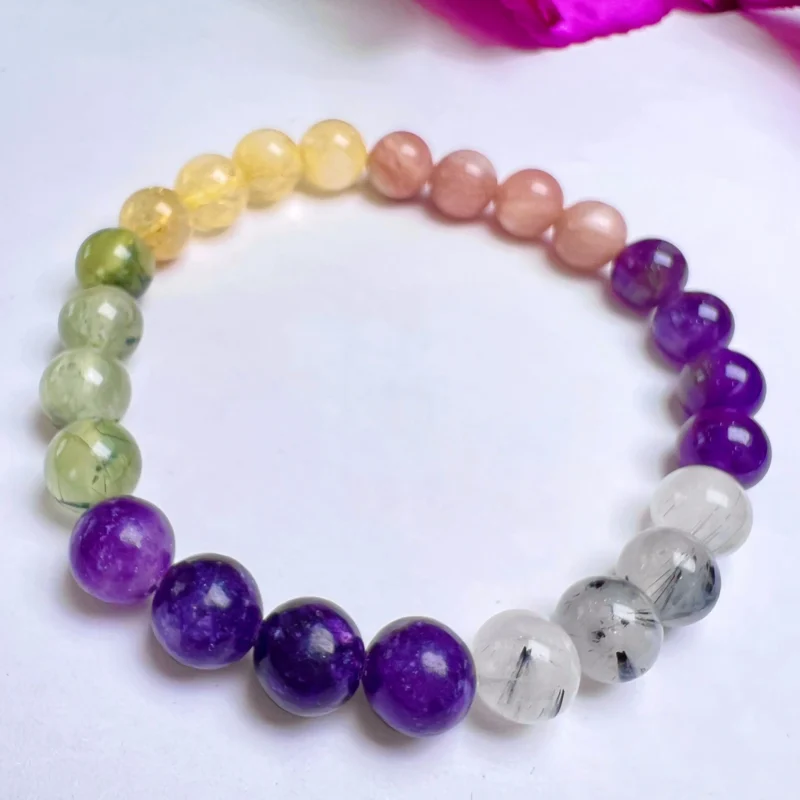 LIBRA Zodiac Sign Crystal Stone Bracelet 8 mm Amethyst , Citrine , Tourmalinated Quartz , Prehnite , Lepidolite , Moonstone - Image 7
