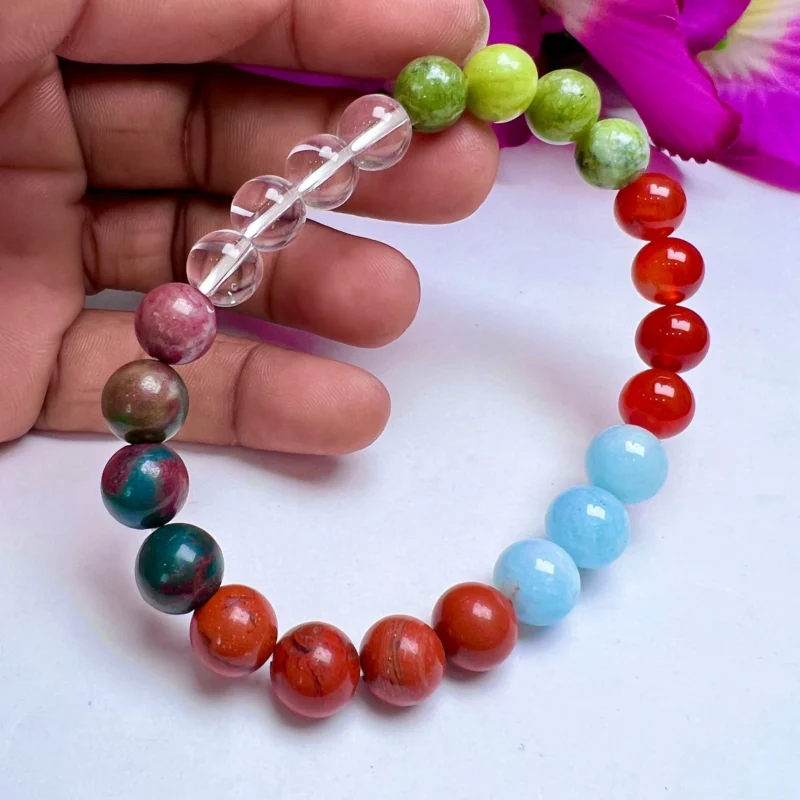 ARIES Zodiac Sign Crystal Stone Bracelet 8 mm Bloodstone , Aquamarine , Helerite , Carnelian , Red Jasper , Himalaya Crystal Quartz - Image 8