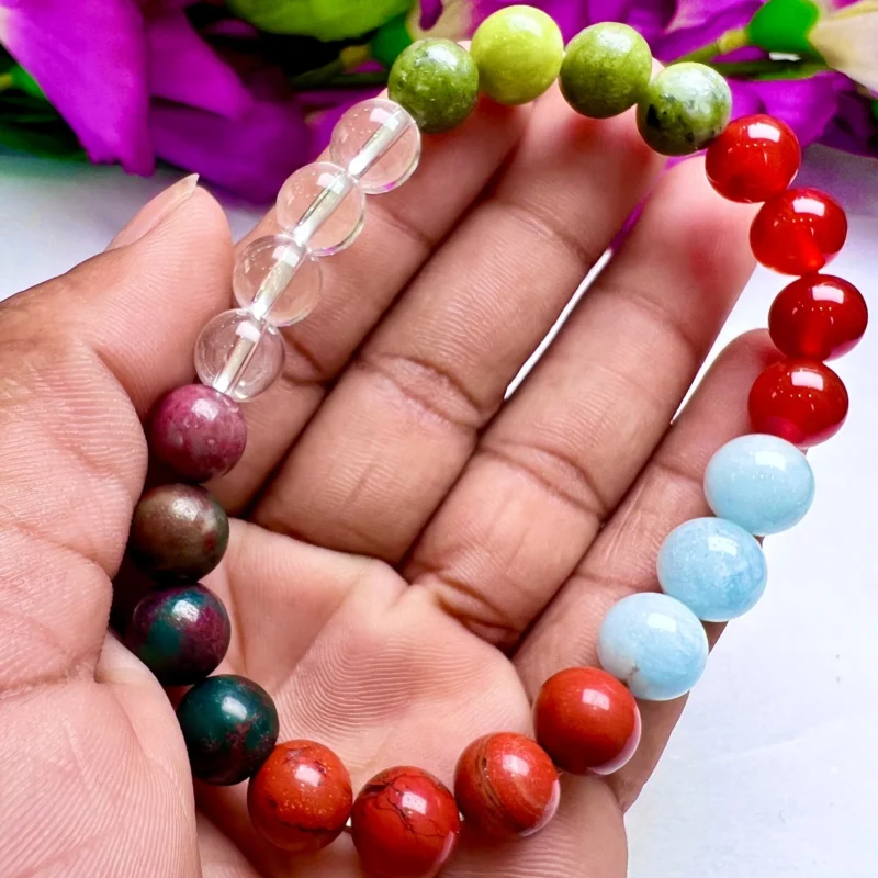ARIES Zodiac Sign Crystal Stone Bracelet 8 mm Bloodstone , Aquamarine , Helerite , Carnelian , Red Jasper , Himalaya Crystal Quartz - Image 9