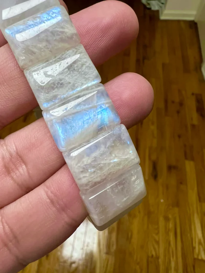 White Rainbow MoonStone Rectangle Beaded Bracelet 15 MM Stretch Bracelet - Image 7