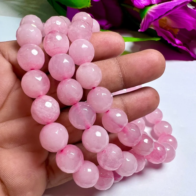 10 MM Rose Quartz Stone Faceted Round  Cutting Round Beaded Bracelet Grade AAAAA+++++ Quality Stretch Bracelet - Image 5