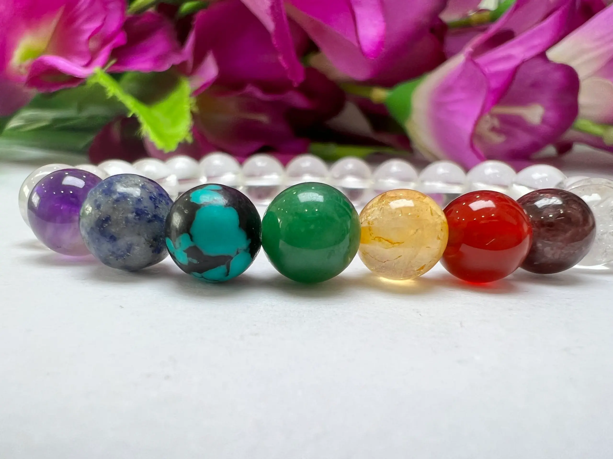Satyaloka Crystal Quartz with 7 Chakra Healing Bracelet Round Beaded 8MM Bracelet Stretch Bracelet - Image 2
