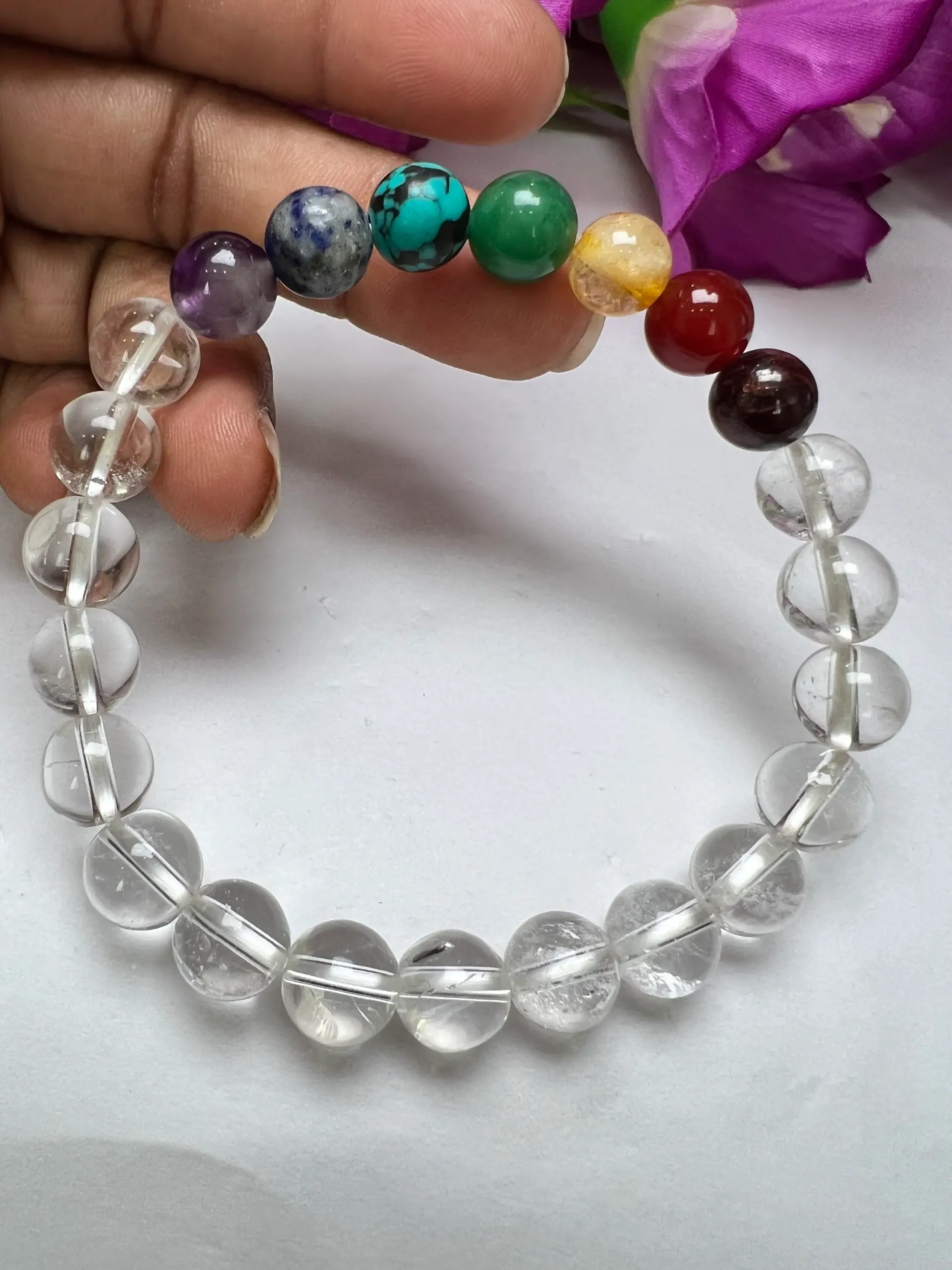 Satyaloka Crystal Quartz with 7 Chakra Healing Bracelet Round Beaded 8MM Bracelet Stretch Bracelet - Image 3