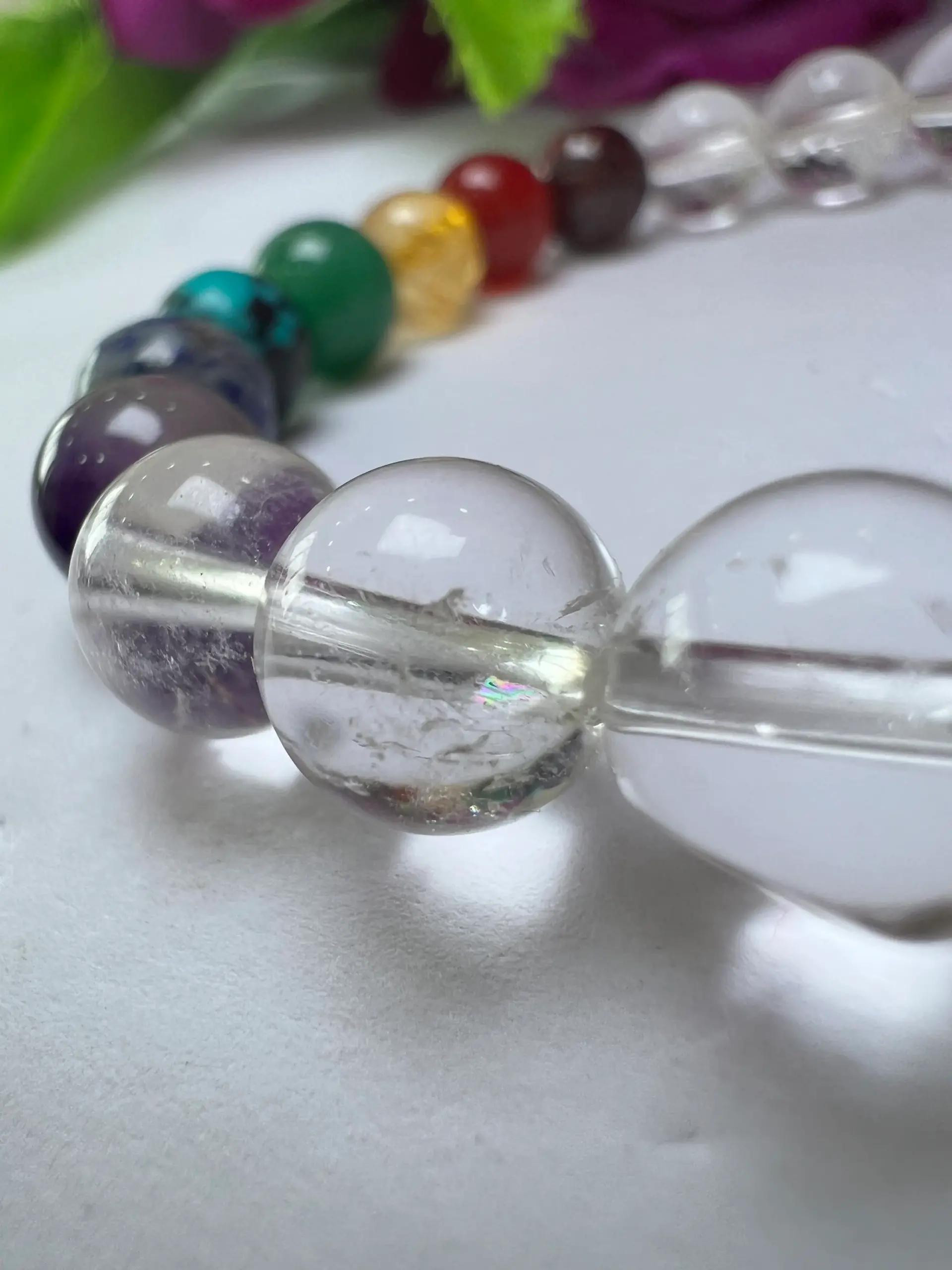 Satyaloka Crystal Quartz with 7 Chakra Healing Bracelet Round Beaded 8MM Bracelet Stretch Bracelet - Image 4