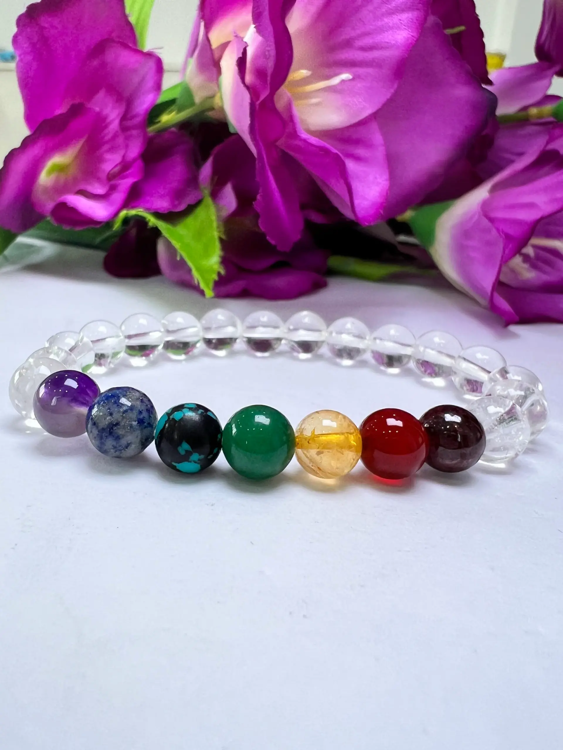Satyaloka Crystal Quartz with 7 Chakra Healing Bracelet Round Beaded 8MM Bracelet Stretch Bracelet