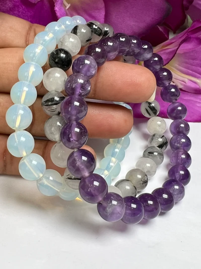 CROWN CHAKRA Opalite, Black Rutilated Quartz, Amethyst Gemstone bracelet Set 8 mm Pack Align, Open, Balance, Meditation, Gift for All - Image 2
