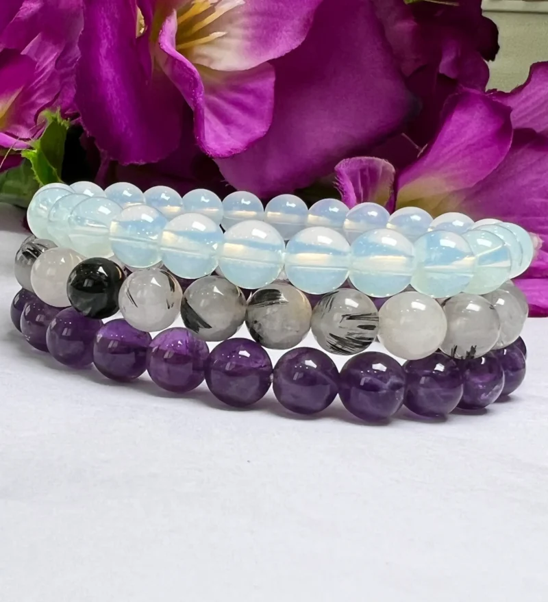 CROWN CHAKRA Opalite, Black Rutilated Quartz, Amethyst Gemstone bracelet Set 8 mm Pack Align, Open, Balance, Meditation, Gift for All - Image 3
