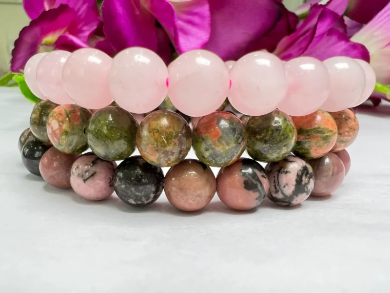 HEART CHAKRA Rhodonite , Unakite, Rose Quartz Gemstone bracelet Set 8 mm Pack Align, Open, Balance, Meditation, Gift for All