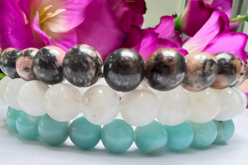 CANCER Bracelet Amazonite, Rainbow Moonstone, Black Lace Rhodonite Pack Zodiac Horoscope Astrology June July Birthday Set 7.5 inch 8mm