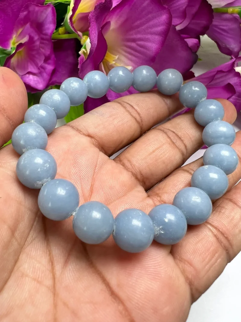 Blue Angelite Stone Round Beaded Bracelet 10 MM Help to Relieve Tension, Anger and Stress Stretch Bracelet - Image 2