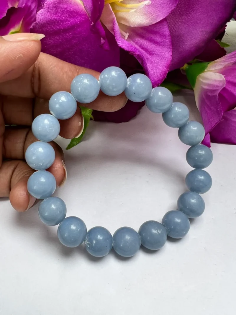 Blue Angelite Stone Round Beaded Bracelet 10 MM Help to Relieve Tension, Anger and Stress Stretch Bracelet - Image 4