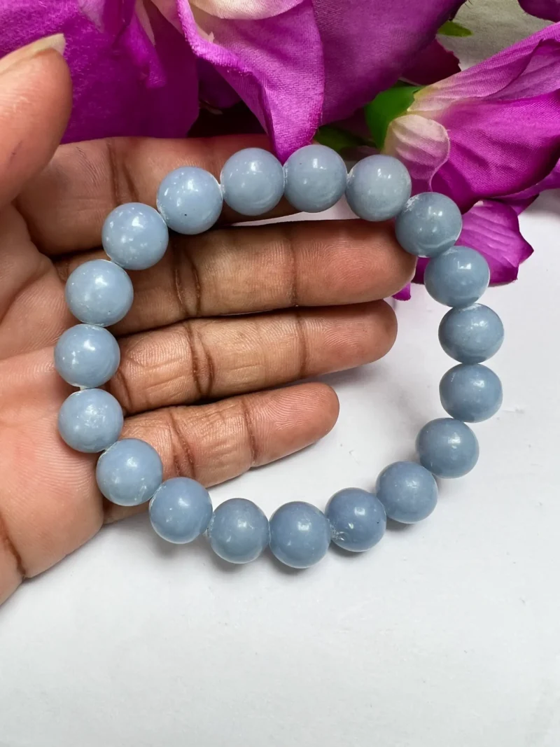 Blue Angelite Stone Round Beaded Bracelet 10 MM Help to Relieve Tension, Anger and Stress Stretch Bracelet - Image 5