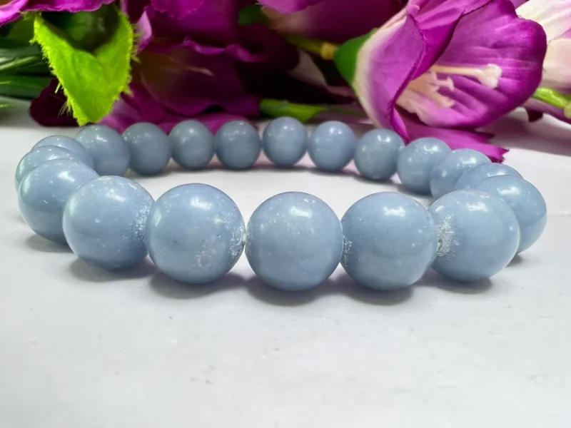 Blue Angelite Stone Round Beaded Bracelet 10 MM Help to Relieve Tension, Anger and Stress Stretch Bracelet