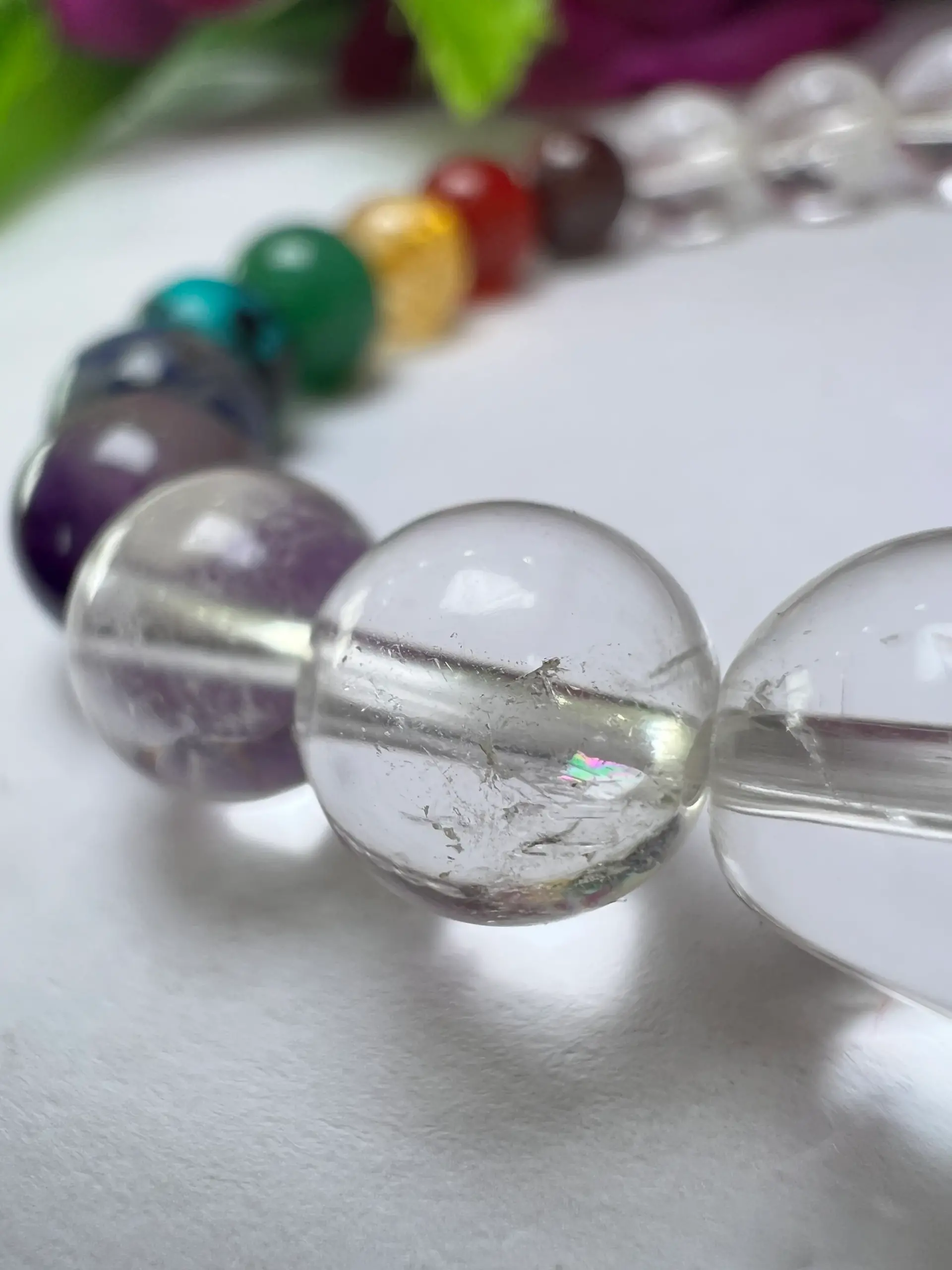 Satyaloka Crystal Quartz with 7 Chakra Healing Bracelet Round Beaded 8MM Bracelet Stretch Bracelet - Image 6