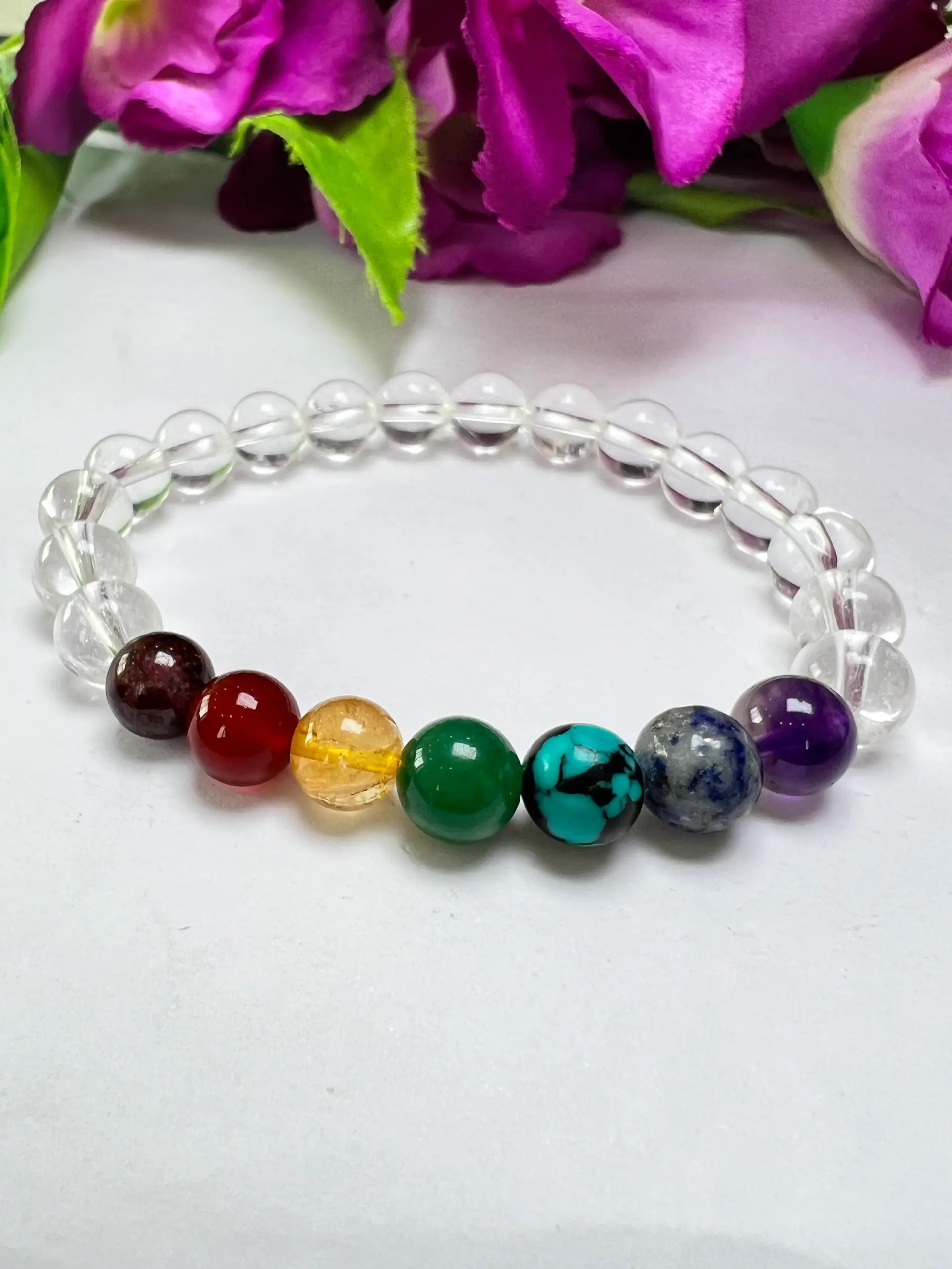 Satyaloka Crystal Quartz with 7 Chakra Healing Bracelet Round Beaded 8MM Bracelet Stretch Bracelet - Image 7