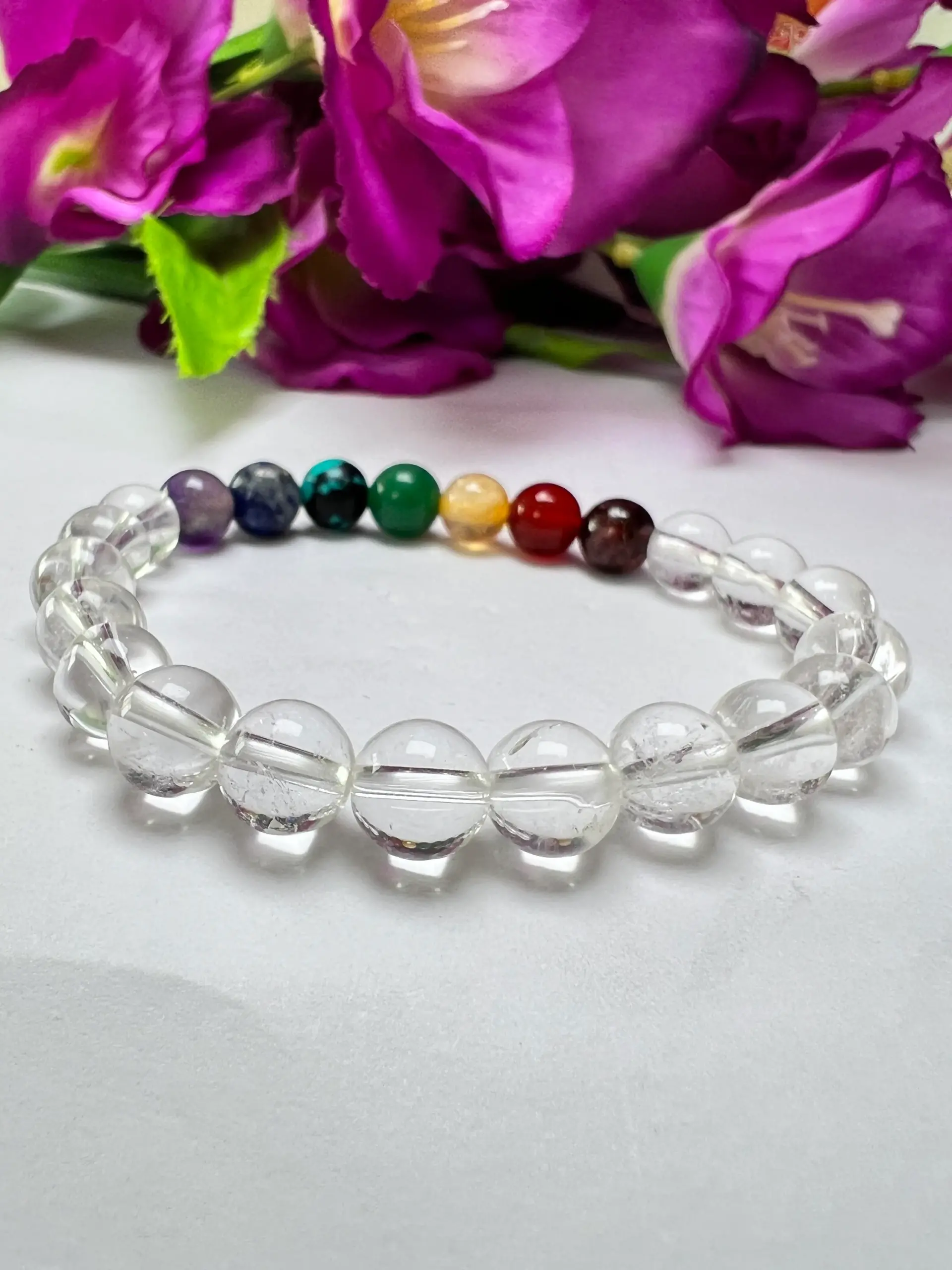 Satyaloka Crystal Quartz with 7 Chakra Healing Bracelet Round Beaded 8MM Bracelet Stretch Bracelet - Image 8