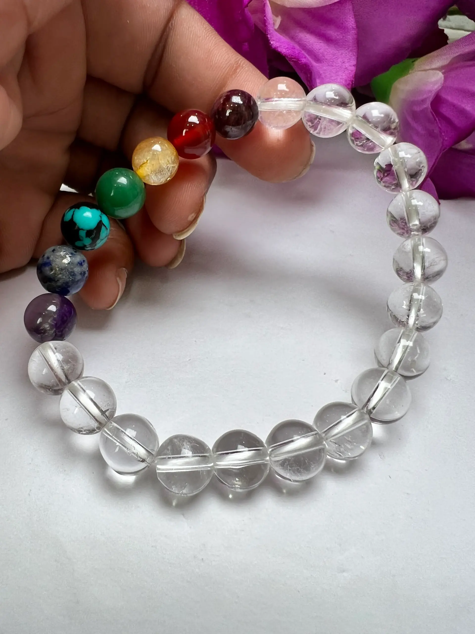 Satyaloka Crystal Quartz with 7 Chakra Healing Bracelet Round Beaded 8MM Bracelet Stretch Bracelet - Image 9