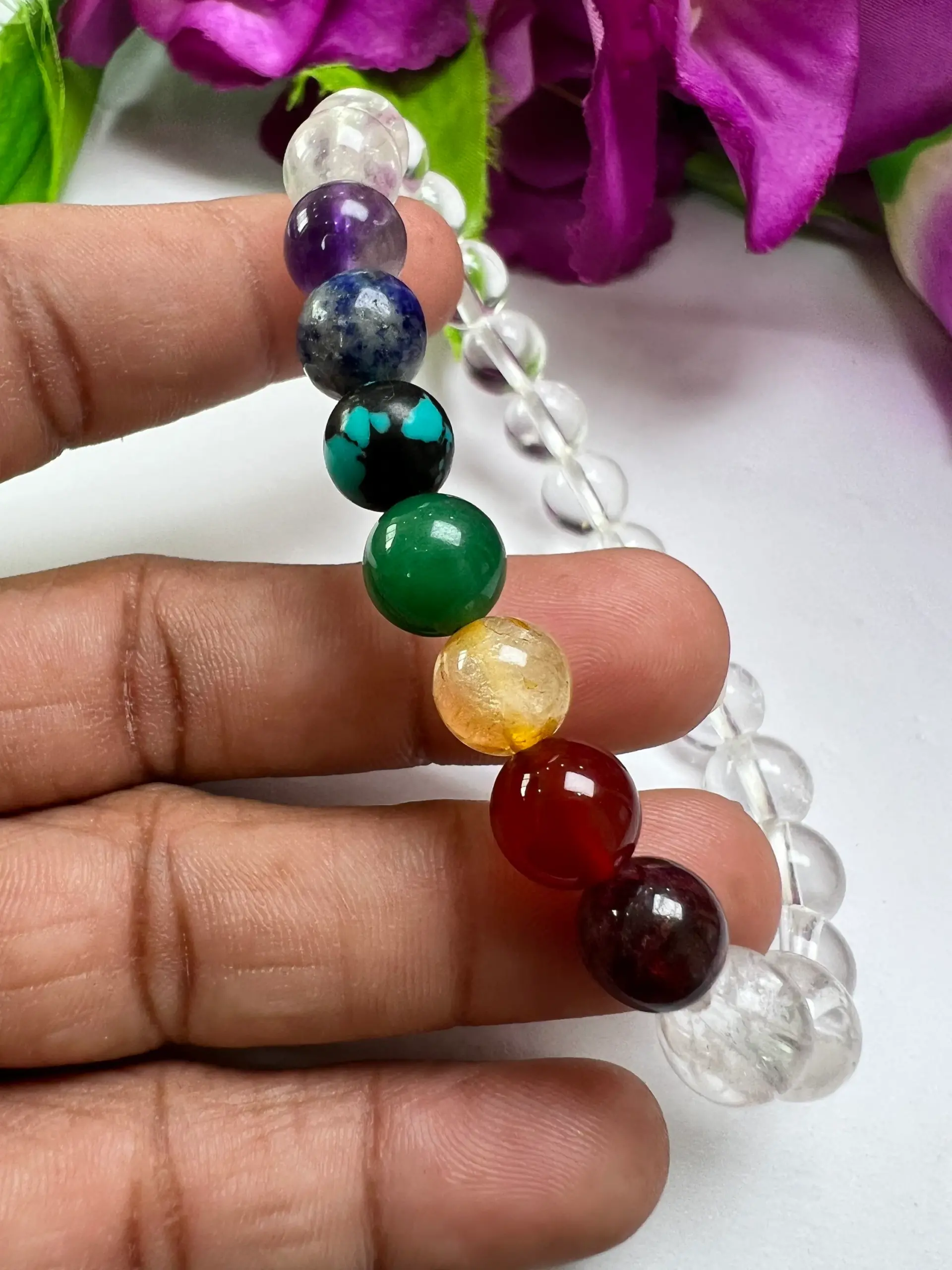 Satyaloka Crystal Quartz with 7 Chakra Healing Bracelet Round Beaded 8MM Bracelet Stretch Bracelet - Image 10