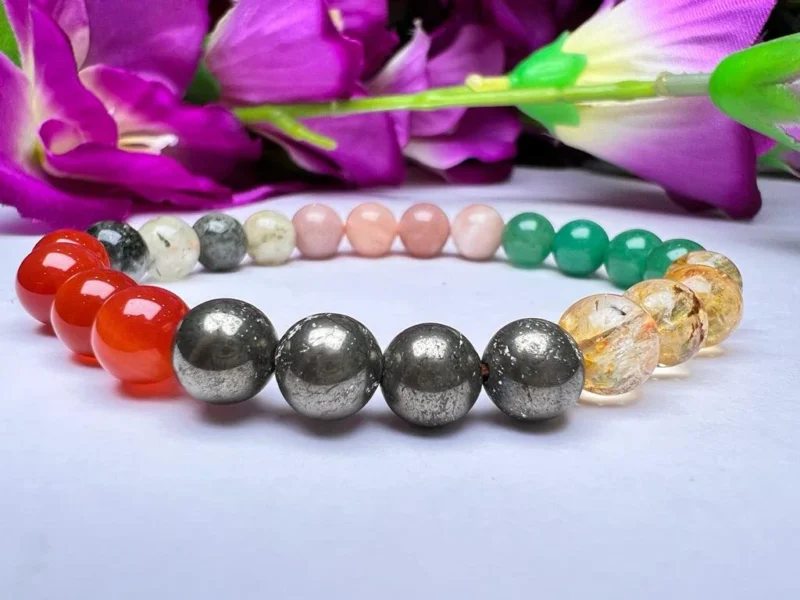 LEO Zodiac Sign Crystal Stone Bracelet 8 mm Pyrite , Carnelian , Peach Moonstone , Citrine , Rose Quartz , Prehnite , Green Aventurine - Image 4