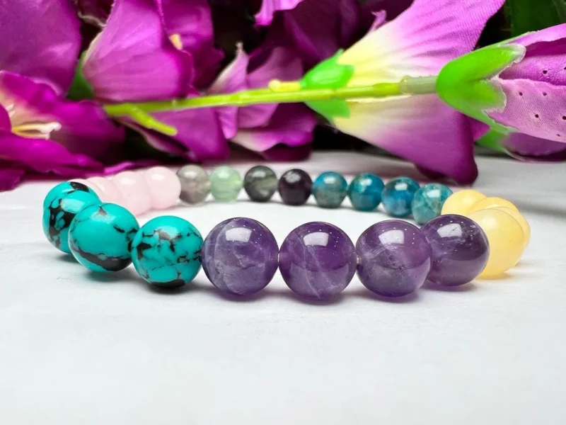Pisces Zodiac Sign Crystal Stone Bracelet 8 mm Rose Quartz , Fluorite, Blue Apatite, Yellow Calcite , Amethyst , Turquoise - Image 4