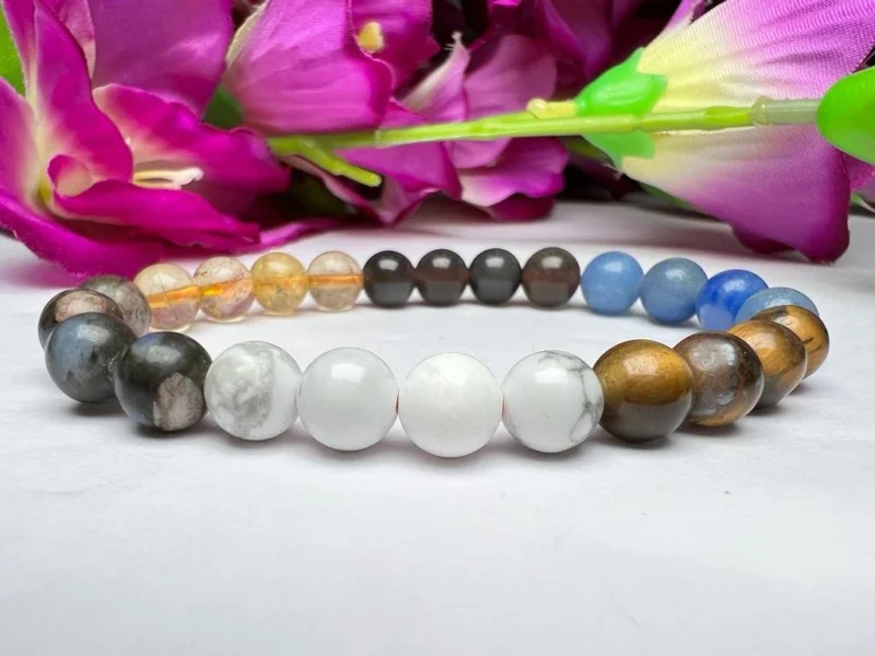 Gemini Zodiac Sign Crystal Stone Bracelet 8 mm Howlite , Tiger Eye, Que Sera ,Golden Rutilated Quartz, Apache tears, Blue Aventurine - Image 4