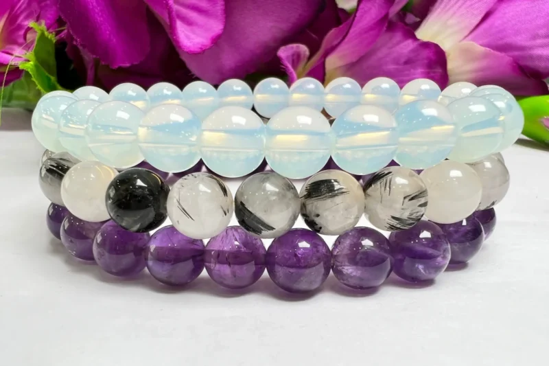 CROWN CHAKRA Opalite, Black Rutilated Quartz, Amethyst Gemstone bracelet Set 8 mm Pack Align, Open, Balance, Meditation, Gift for All