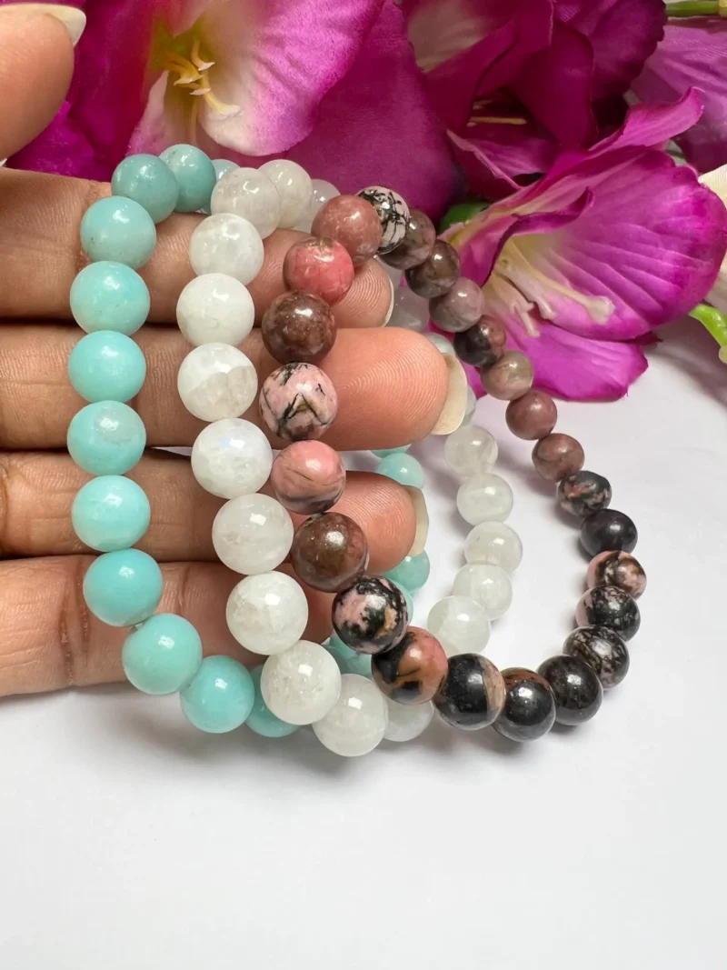 CANCER Bracelet Amazonite, Rainbow Moonstone, Black Lace Rhodonite Pack Zodiac Horoscope Astrology June July Birthday Set 7.5 inch 8mm - Image 5