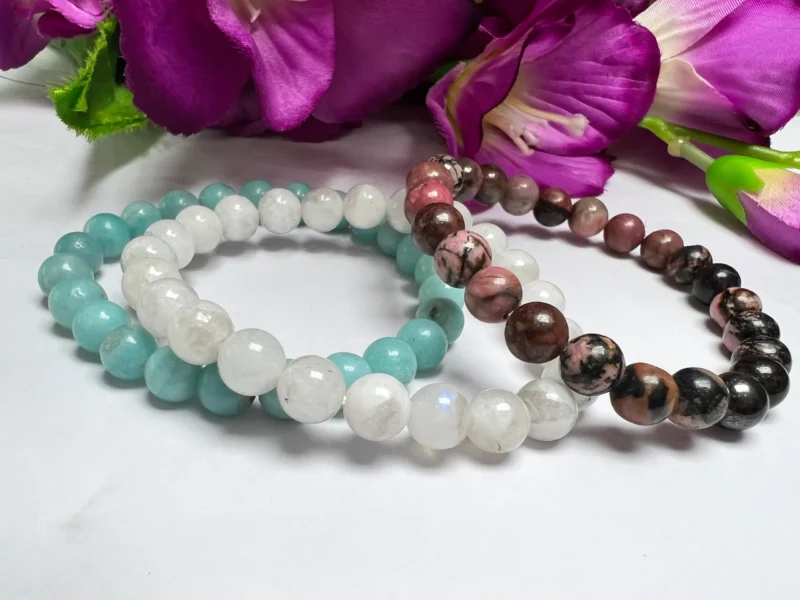 CANCER Bracelet Amazonite, Rainbow Moonstone, Black Lace Rhodonite Pack Zodiac Horoscope Astrology June July Birthday Set 7.5 inch 8mm - Image 6