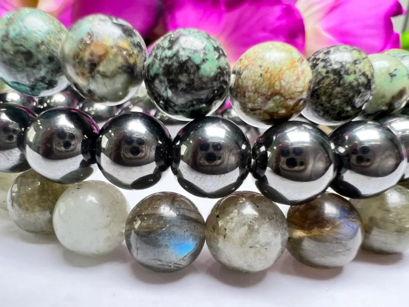 AQUARIUS Bracelet Labradorite , Hematite , African Turquoise Pack Zodiac Horoscope Astrology January February Birthday Set 7.5 inch 8mm