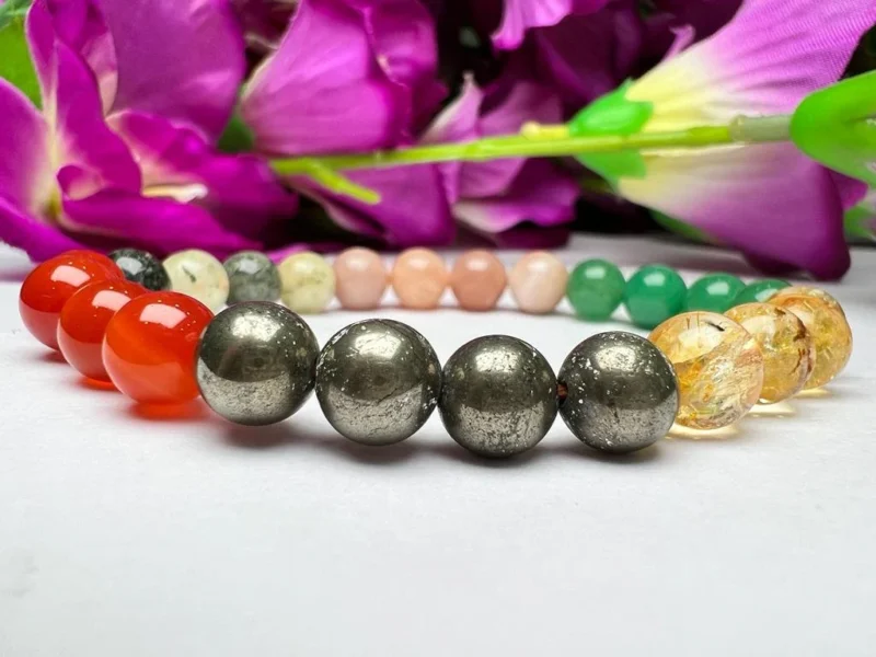 LEO Zodiac Sign Crystal Stone Bracelet 8 mm Pyrite , Carnelian , Peach Moonstone , Citrine , Rose Quartz , Prehnite , Green Aventurine - Image 9