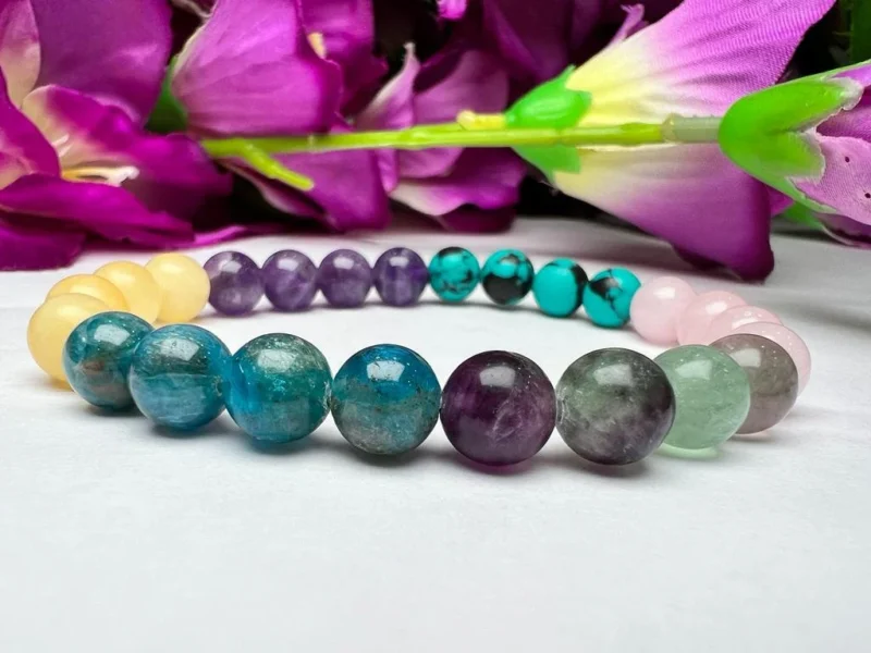 Pisces Zodiac Sign Crystal Stone Bracelet 8 mm Rose Quartz , Fluorite, Blue Apatite, Yellow Calcite , Amethyst , Turquoise - Image 6