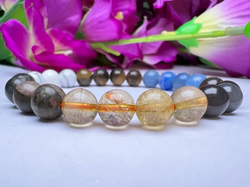 Gemini Zodiac Sign Crystal Stone Bracelet 8 mm Howlite , Tiger Eye, Que Sera ,Golden Rutilated Quartz, Apache tears, Blue Aventurine - Image 7