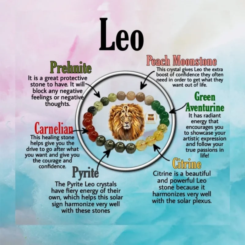 LEO Zodiac Sign Crystal Stone Bracelet 8 mm Pyrite , Carnelian , Peach Moonstone , Citrine , Rose Quartz , Prehnite , Green Aventurine