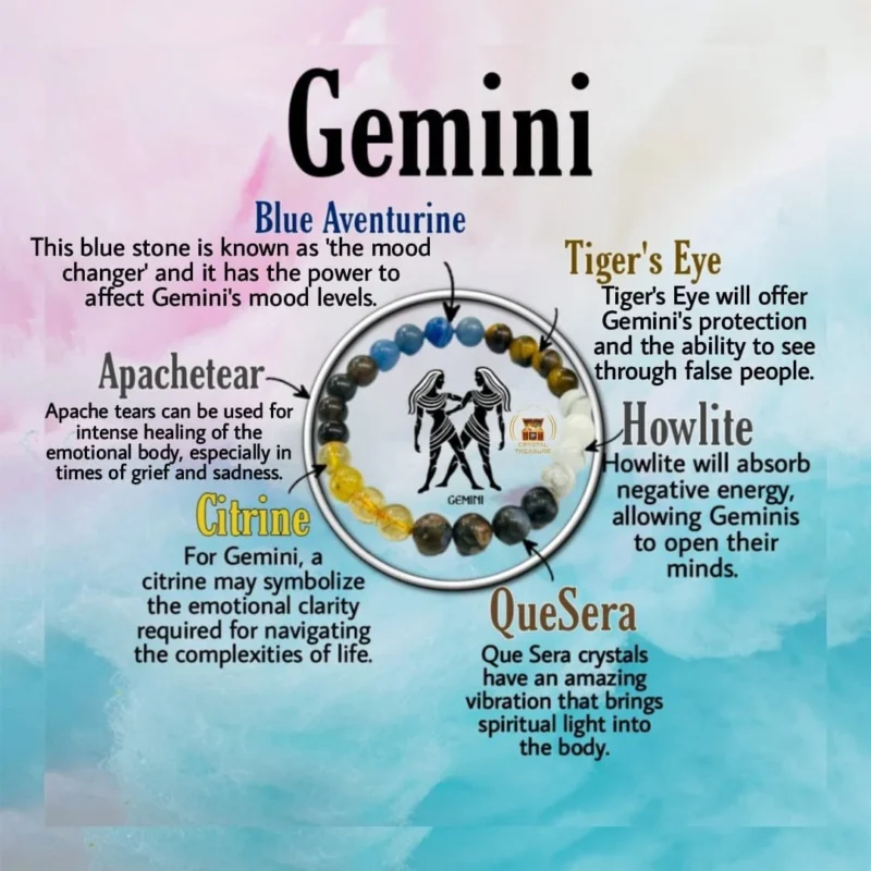 Gemini Zodiac Sign Crystal Stone Bracelet 8 mm Howlite , Tiger Eye, Que Sera ,Golden Rutilated Quartz, Apache tears, Blue Aventurine