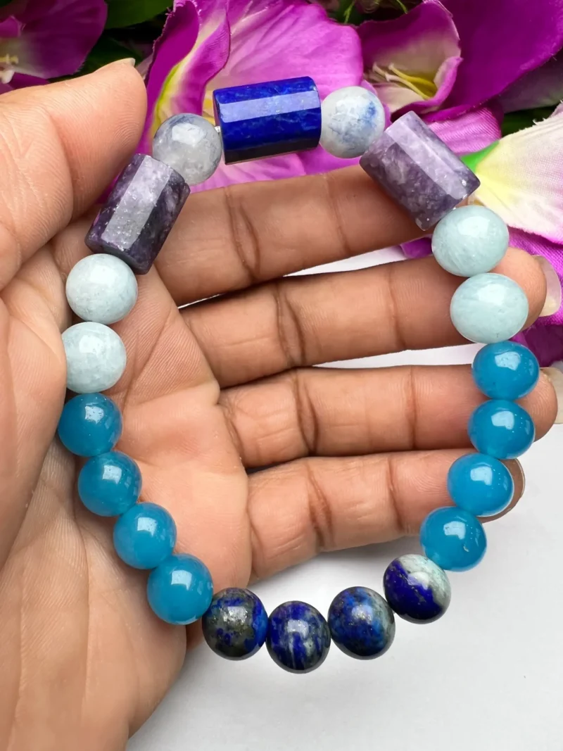 Serenity ,Patience, Communication, Stone Bracelet 8 MM Lapis lazuli , Dumortierite , Lepidolite ,Blue Chalcedony , Aquamarine - Image 2