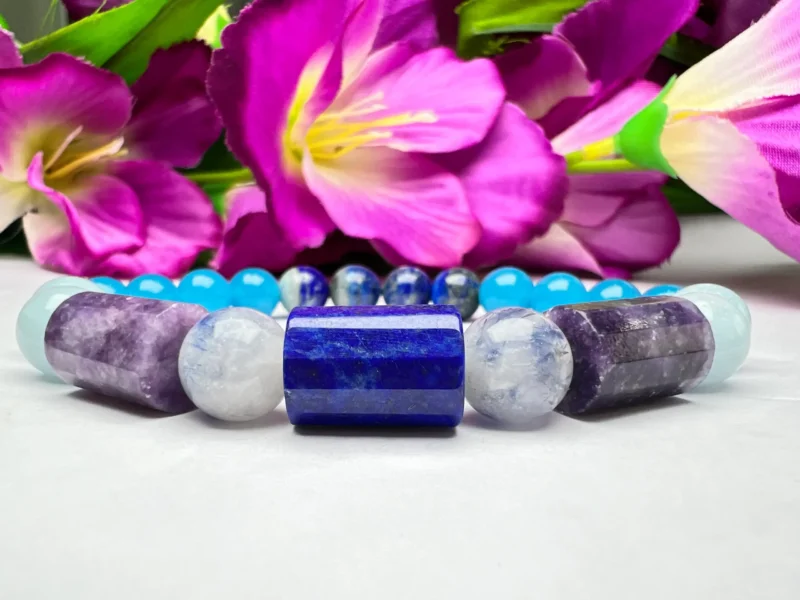 Serenity ,Patience, Communication, Stone Bracelet 8 MM Lapis lazuli , Dumortierite , Lepidolite ,Blue Chalcedony , Aquamarine - Image 3