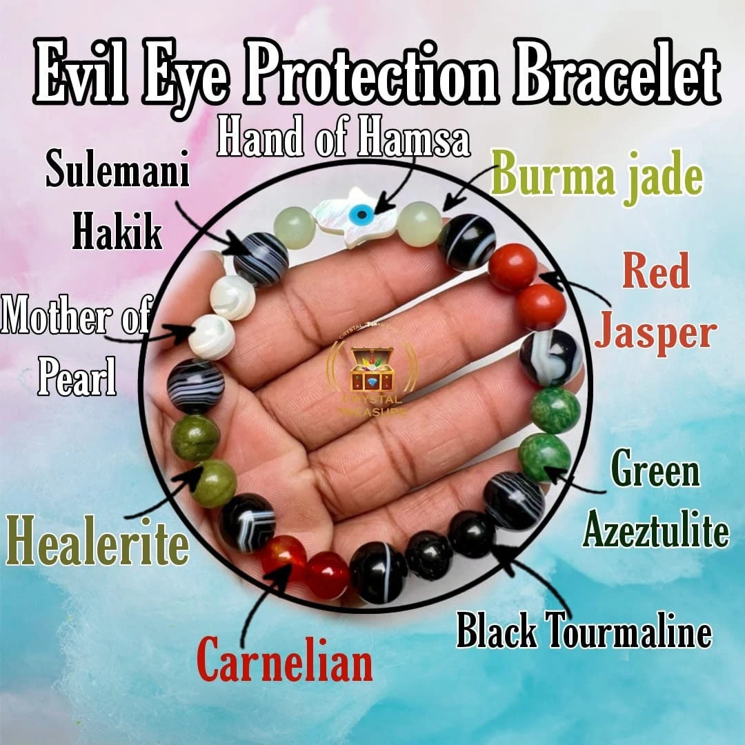Evil Eye Protection Stone Bracelet MOP Hand of Hamsa,Sulemani Hakik,BurmaJade,Red Jasper,Helerite,Green,Carnelian,Black Tourmaline