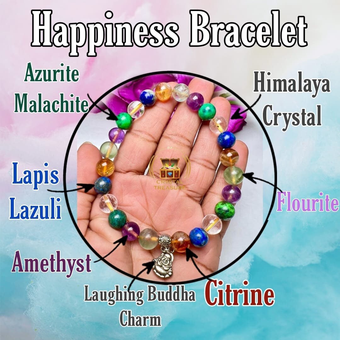 Happiness Stone Bracelet Citrine , Fluorite , Amethyst , Lapis Lazuli ,Azurite Malachite , Himalaya Crystal with laughing Buddha Charm