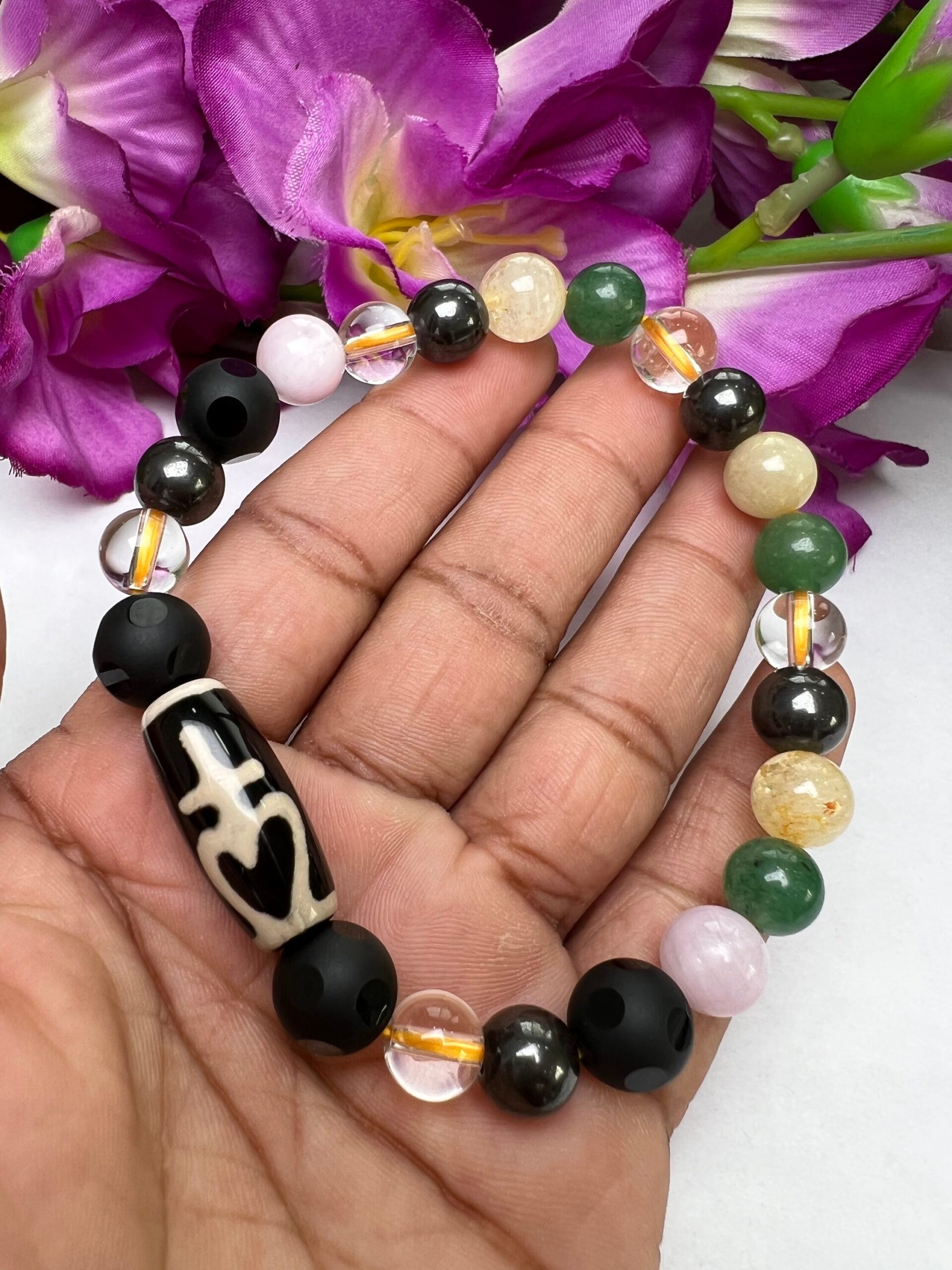 Manifestation Amulet Dzi Beads Stone Bracelet Kunzite , Rainbow Obsidian ,Citrine ,Himalaya Crystal ,Magnetite, Green Aventurine - Image 2