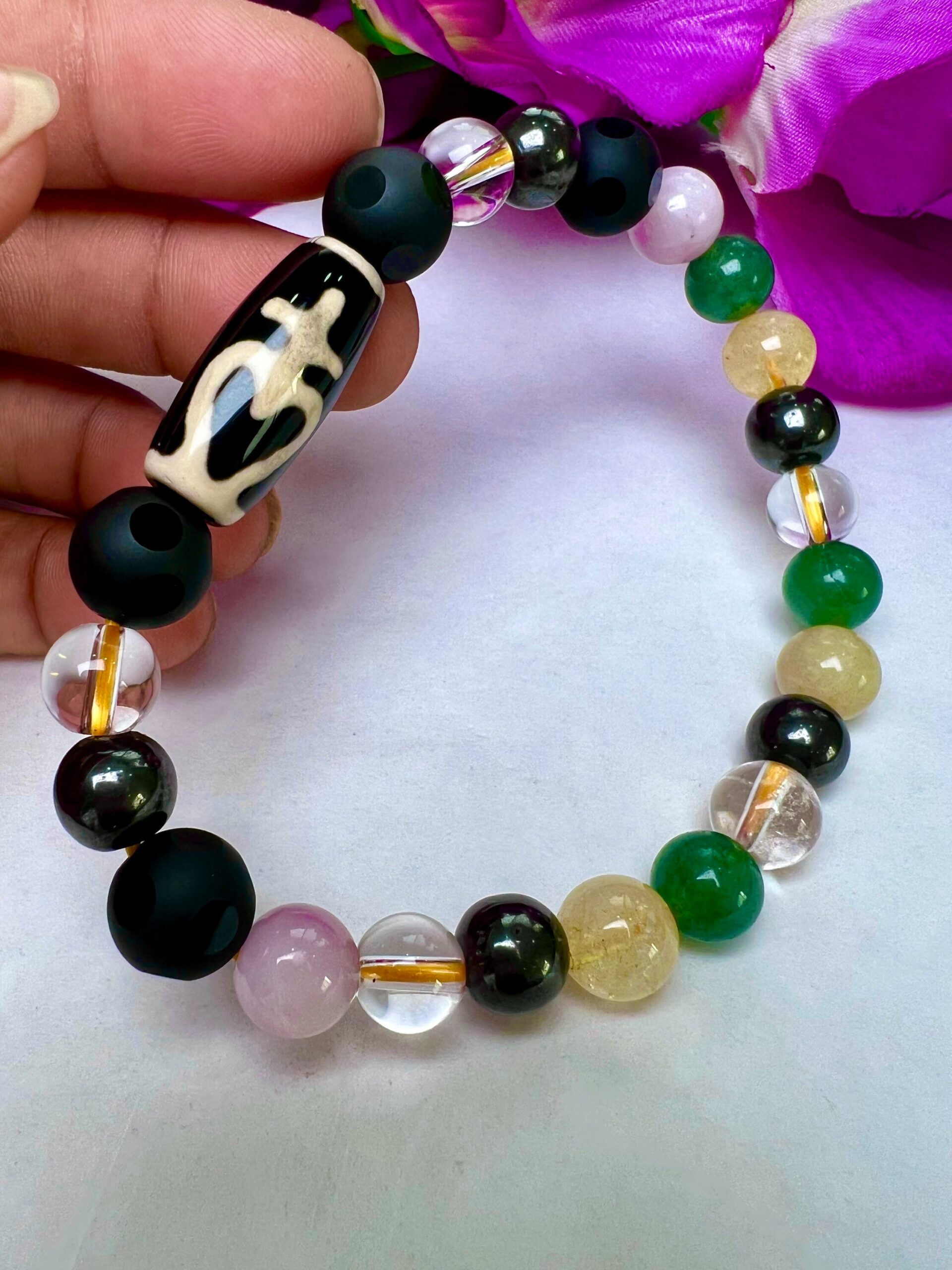 Manifestation Amulet Dzi Beads Stone Bracelet Kunzite , Rainbow Obsidian ,Citrine ,Himalaya Crystal ,Magnetite, Green Aventurine - Image 3