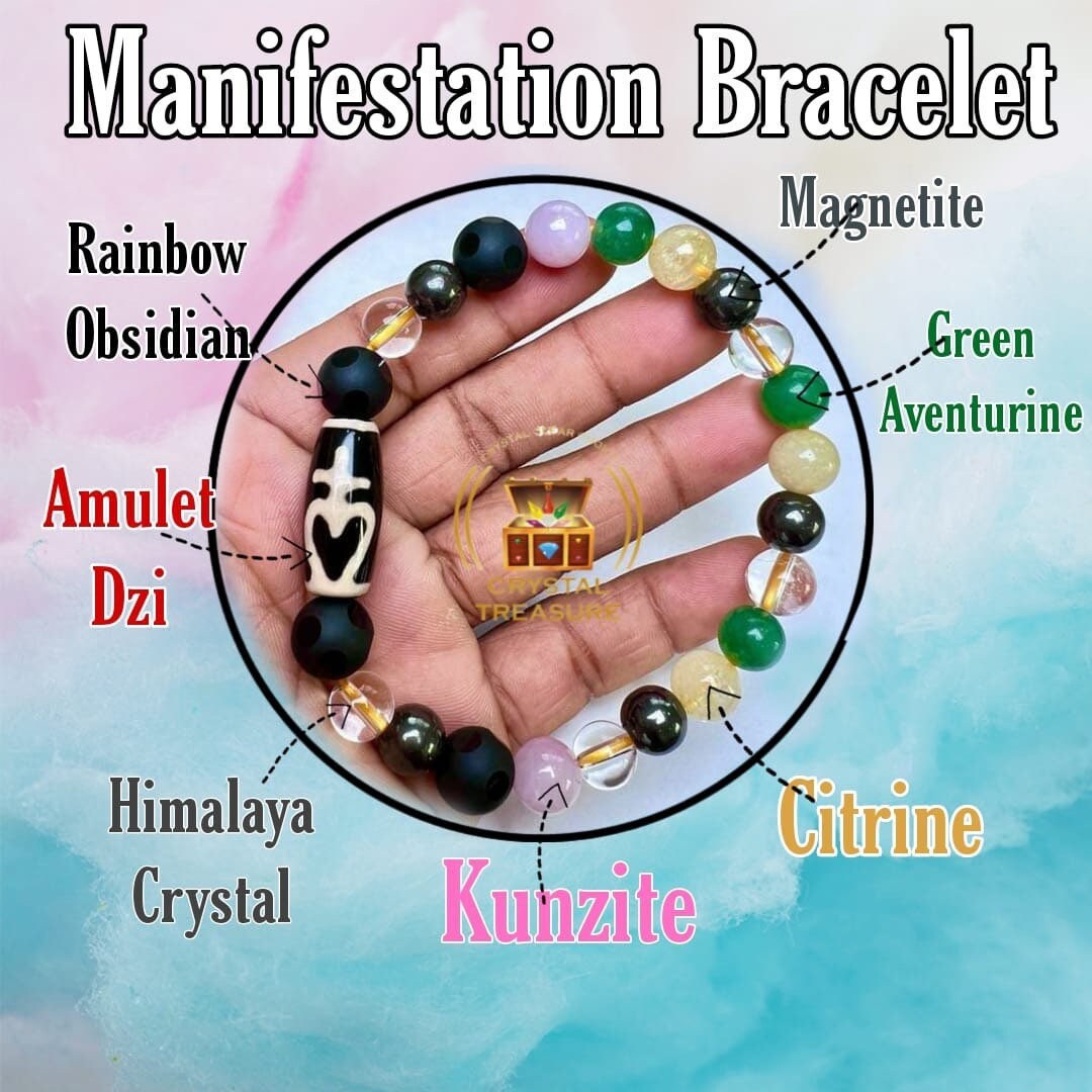 Manifestation Amulet Dzi Beads Stone Bracelet Kunzite , Rainbow Obsidian ,Citrine ,Himalaya Crystal ,Magnetite, Green Aventurine
